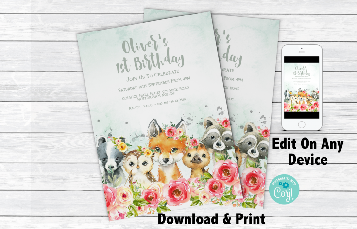 Woodland Animals 1st Birthday Invitation  Woodland Animals 1st Birthday Invitation